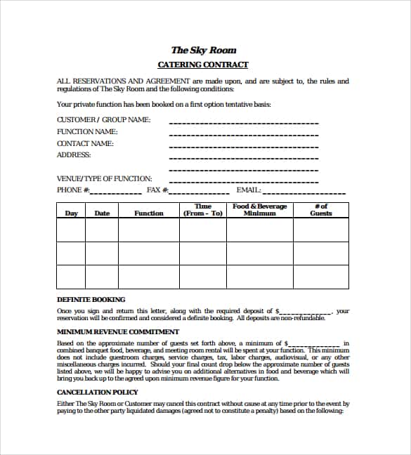 Catering Contract Templates Word Excel Samples