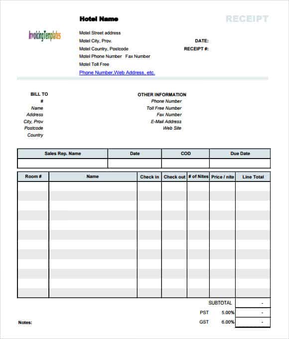 Hotel Receipt Templates Word Excel Samples