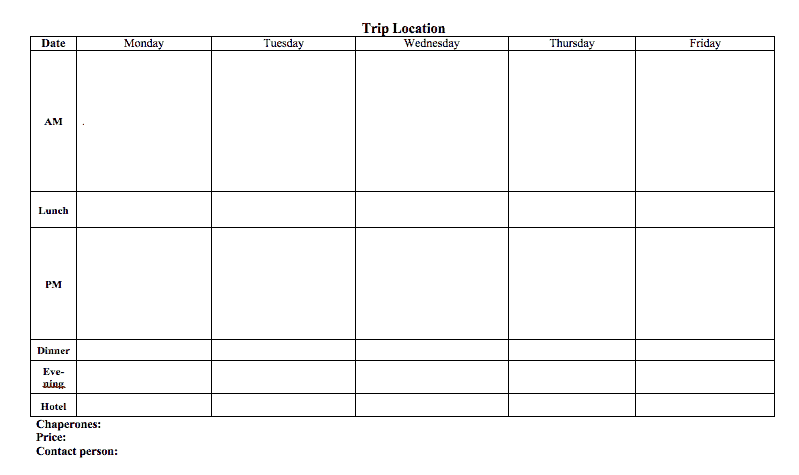 Blank Trip Itinerary Template