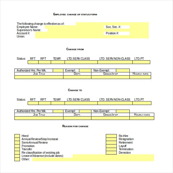 2 Free Employee Status Change Form Templates Word Excel Samples