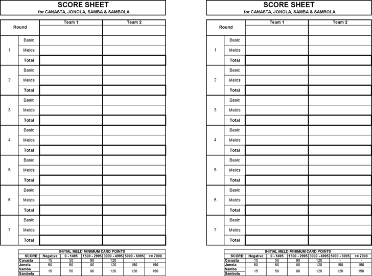 4 Canasta Score Sheets PDF Word Excel Samples