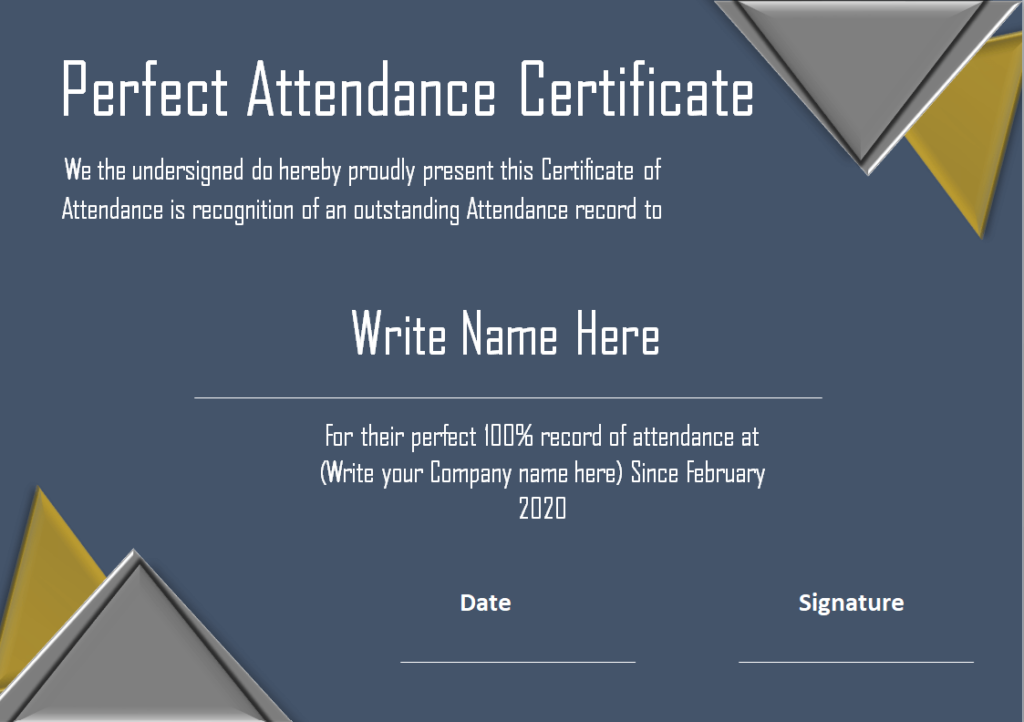 Perfect Attendance Certificate Word Template